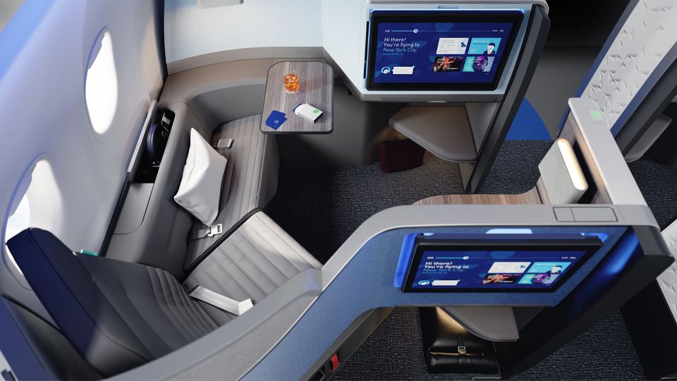 JetBlue's over-sized Mint Studio takes pride of place at the front of the Airbus A321LR's business class cabin.
