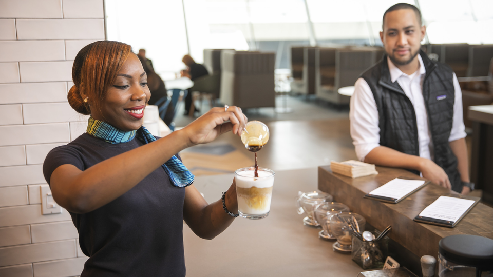 Alaska Airlines' new SFO T2 lounge will feature a barista bar (albeit pouring Starbucks).
