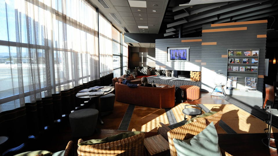 The warm, residential decor of Air New Zealand's Christchurch international lounge.