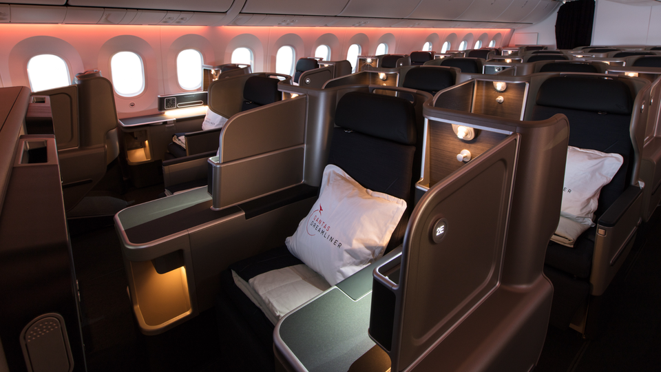 The elegant business class cabin of the Qantas Boeing 787.