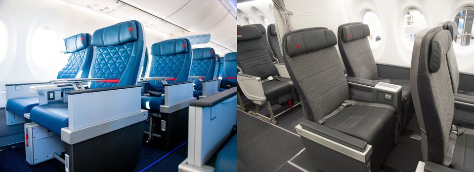来自达美航空（左）和加拿大航空（右）的空中客车A220高级座椅。