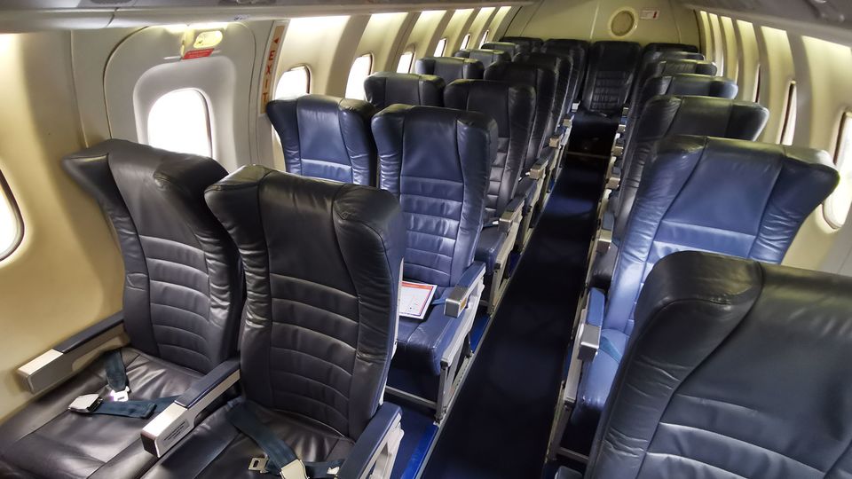 Except in the back row in this configuration, Rex's Saab 340s offer paired and solo seating.
