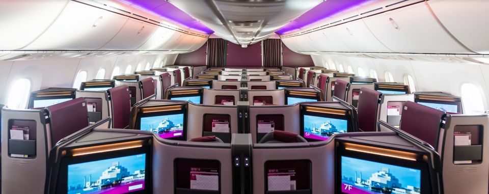 Qatar Airways' Boeing 787-9 business class cabin.