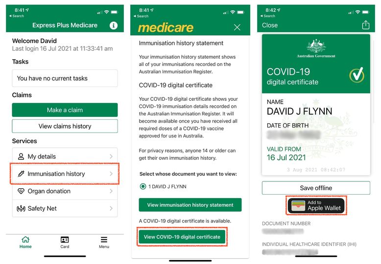 The Express Plus Medicare app contains an official digital Covid-19 vaccination certificate.