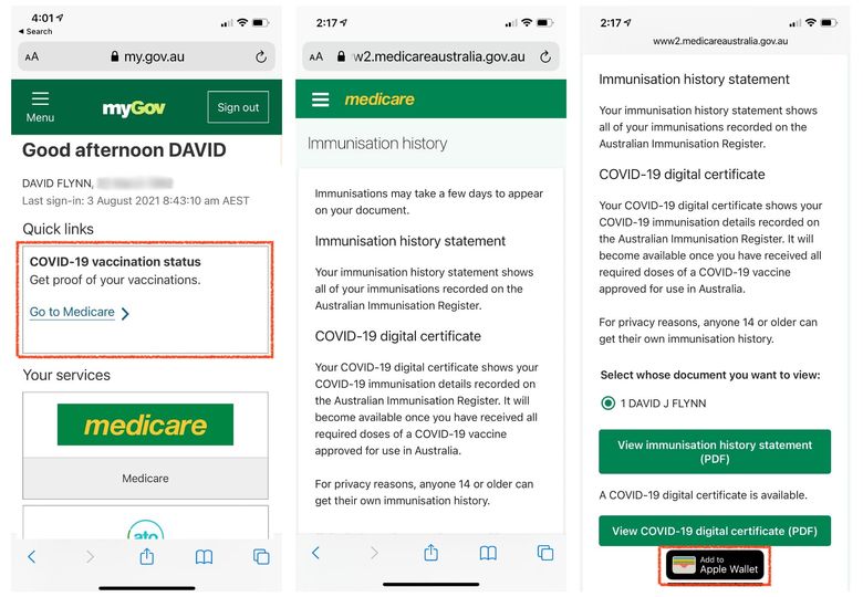 Adding your Covid-19 vaccination certificate to Apple Wallet via the MyGov website.