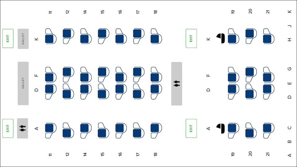 The seat map for Singapore Airlines' A350s with medium-range business class.