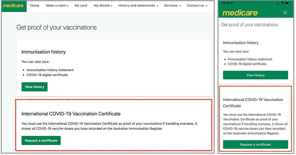 International vaccination certificates are now available on the Medicare website (left) and smartphone app (right)
