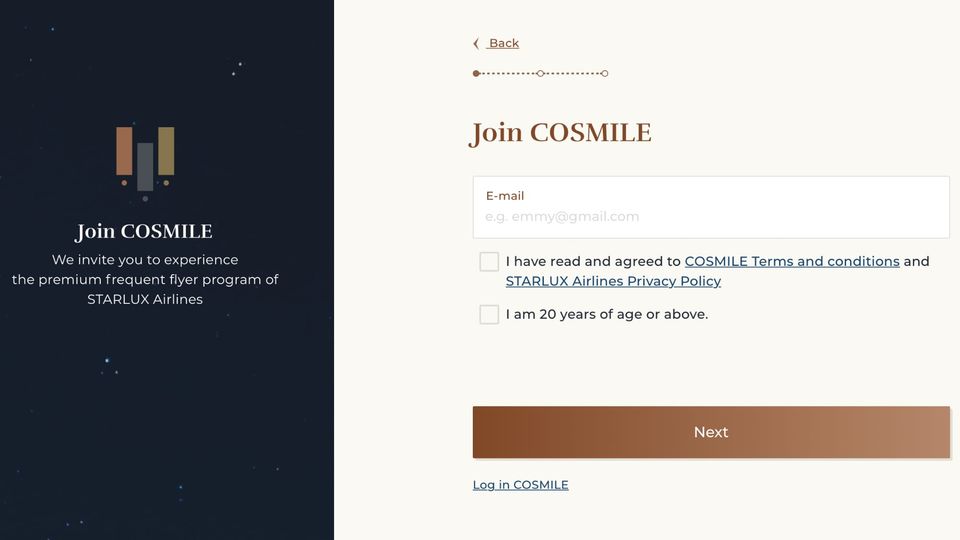 Start your Starlux status match by joining the airline's Cosmile program.