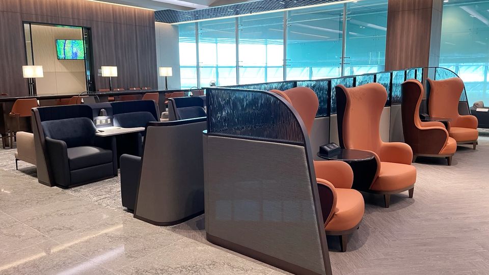 Inside the temporary first class section of Singapore Airlines' new SilverKris Lounge.