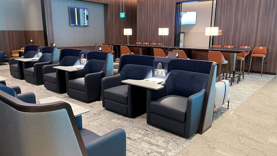 Inside the temporary first class section of Singapore Airlines' new SilverKris Lounge.