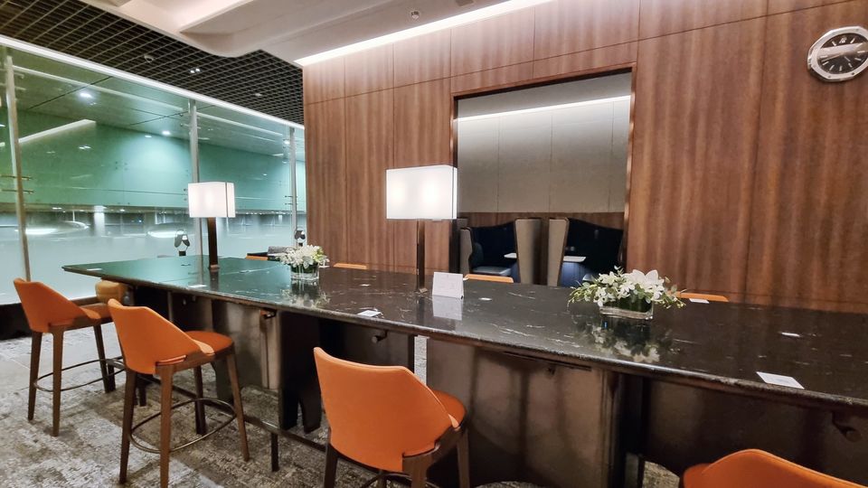 Inside the temporary first class section of Singapore Airlines' new SilverKris Lounge.