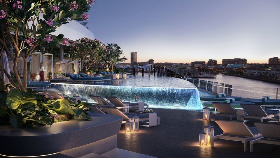 The infinity pool at Crown Sydney overlooks Darling Harbour