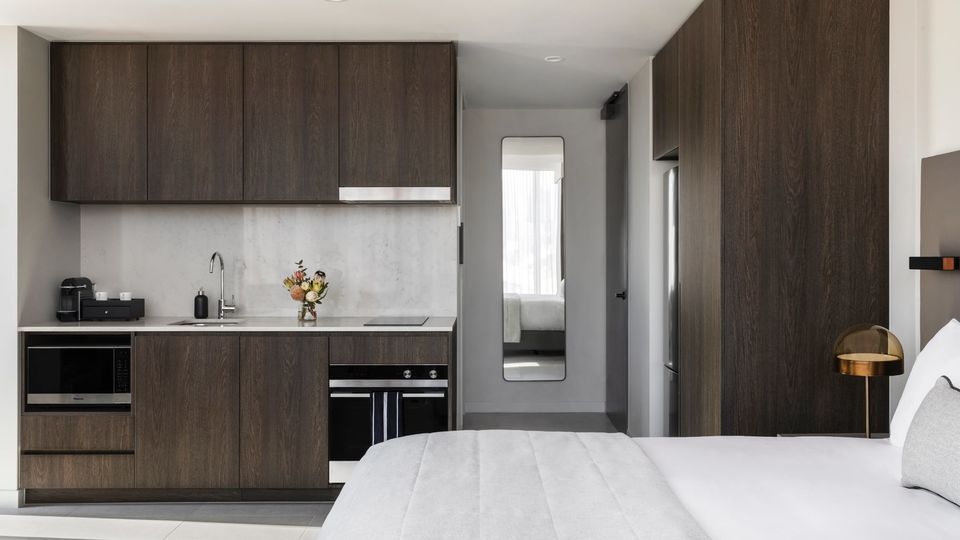 Each of the Oakwood Premier Melbourne's popular studio rooms include a fully-equipped kitchenette.