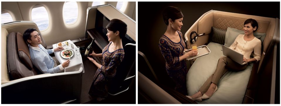 Two views of Singapore Airlines' current Boeing 777 first class, which debuted in 2013.