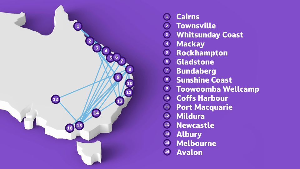 Bonza's start-up network will link 16 destinations across Australia's eastern states.