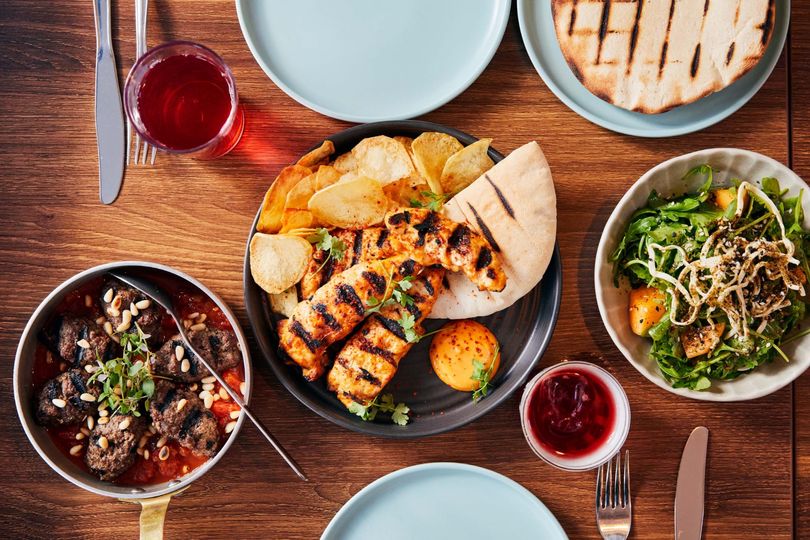 Za’atar salad, shish tawook, and kabab hindi at Imad’s Syrian Kitchen.