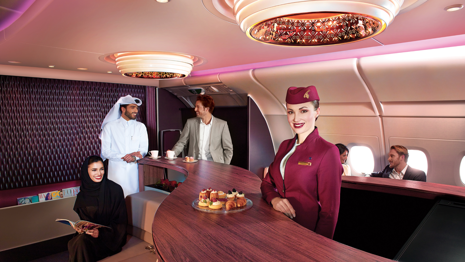 Qatar Airways' Airbus A380 upper deck lounge.