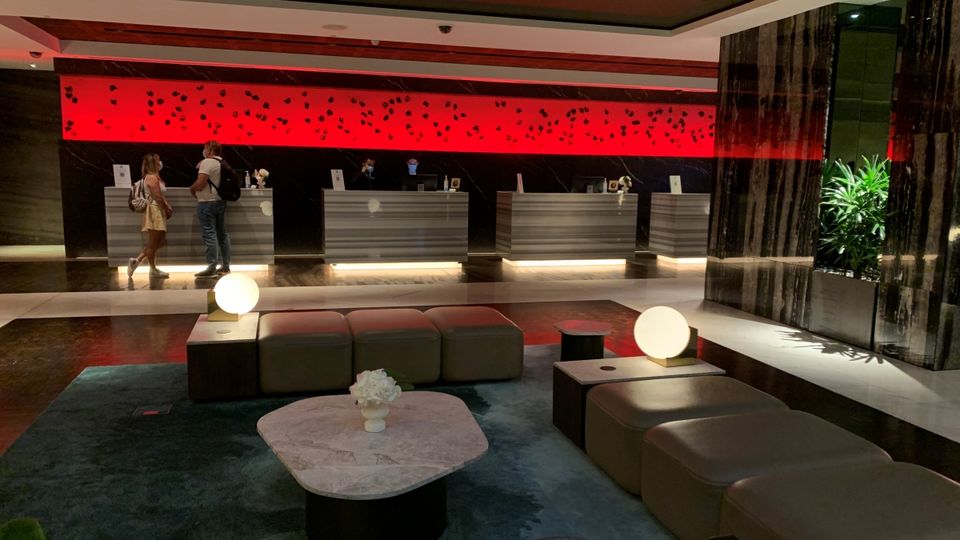 The lobby at The Darling is warm and inviting.