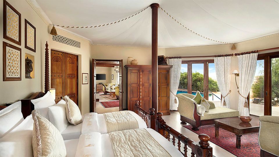 Inside one of the opulent tented suites at Al Maha Desert Resort & Spa