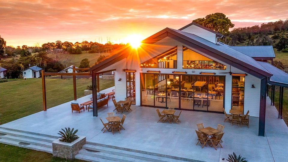 Sunset over The Paddock Restaurant at Beechmont Estate.