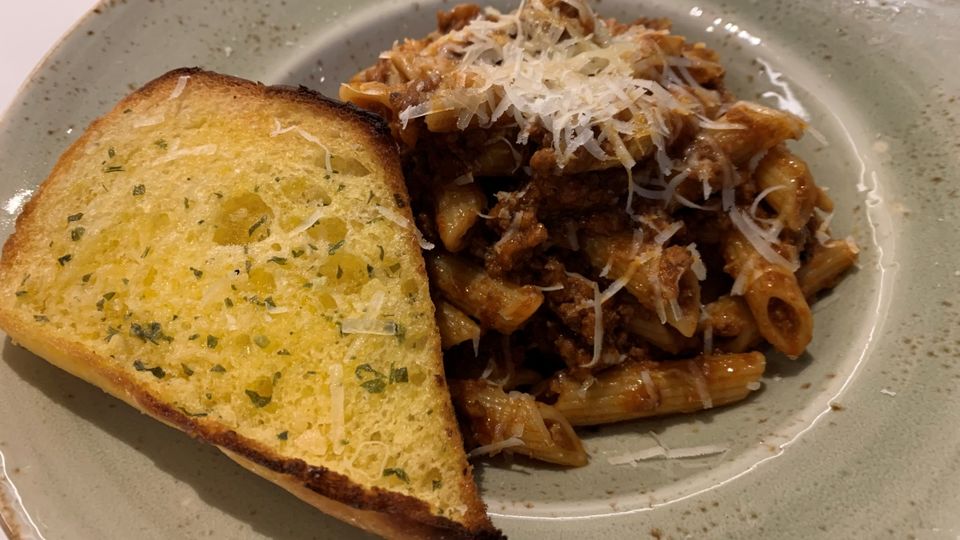 The penne bolognaise was loaded with flavour.
