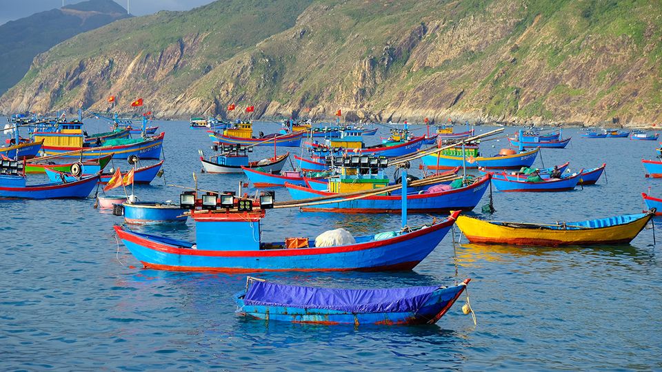 Colorful fishing boats anchored in Nhon Ly, a small fishing village near Quy Nhon.