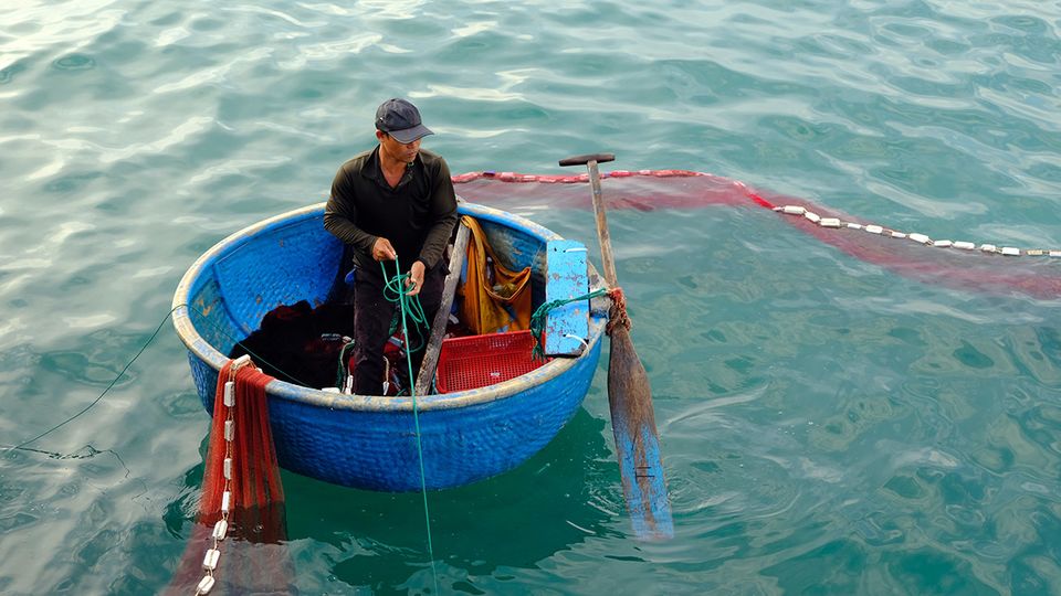A Nhon Ly fisherman skillfully pulls in his net aboard a coracle boat.