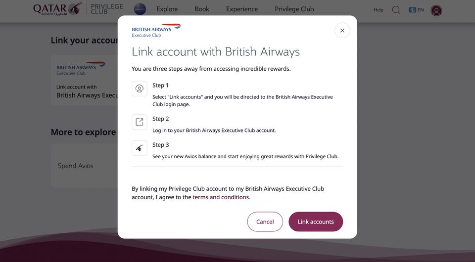 It's easy to link your Qatar Airways and British Airways frequent flyer accounts.