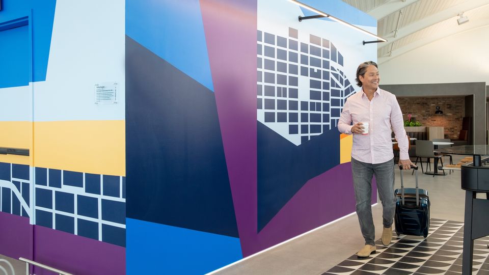 Feature walls are bright and colourful.