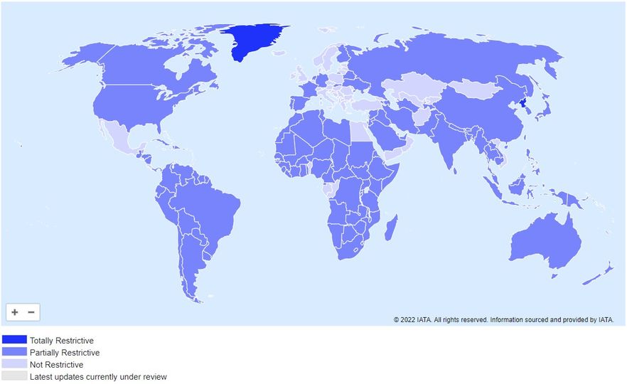 Countries are color-coded based on current travel restrictions.