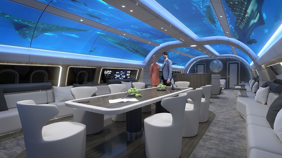 Ceiling projections include an underwater world, cloudy sky and 70s disco.