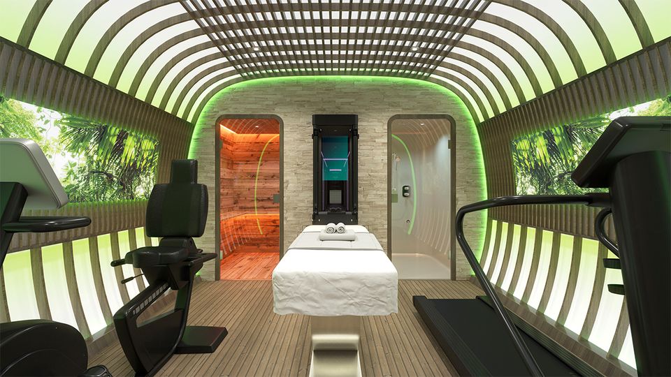 A multi-functional space can be converted into a gym or in-flight medical room.