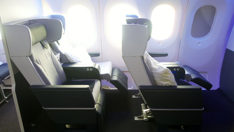 Air New Zealand's latest Boeing 787 premium economy seat, as seen at the airline's mock-up centre.