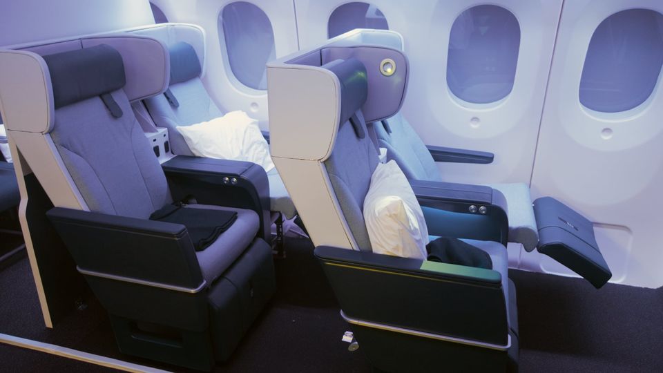 Air New Zealand's latest Boeing 787 premium economy seat, as seen at the airline's mock-up centre.