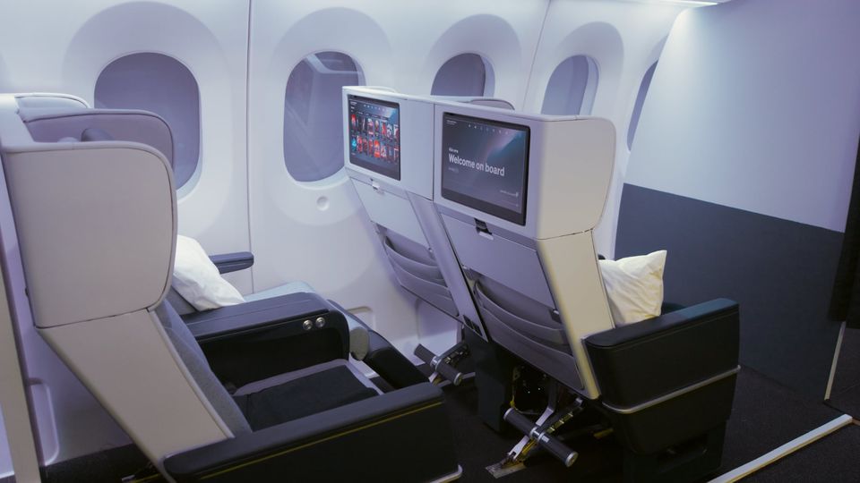 Air New Zealand's latest Boeing 787 premium economy seat, as seen at the airline's mock-up centre.