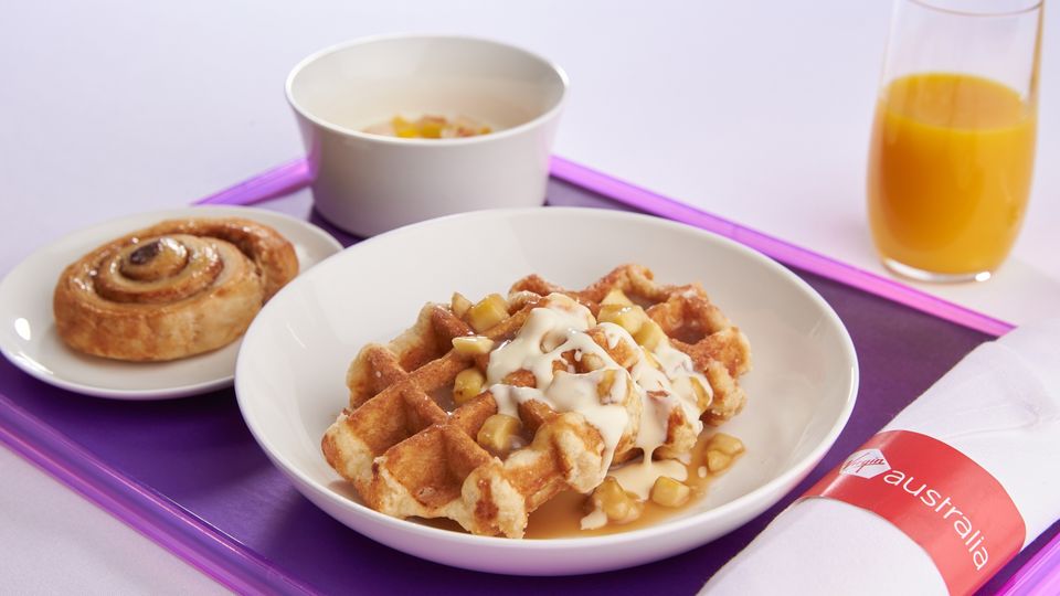Waffles with banana butterscotch and crème anglaise.