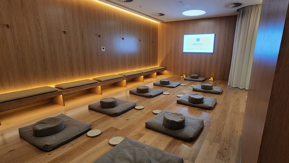 Stretch out between flights in the intimate yoga studio.