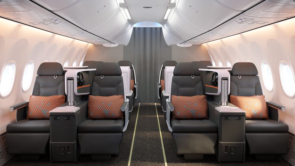 Singapore Airlines' elegant Boeing 737 MAX business class cabin.