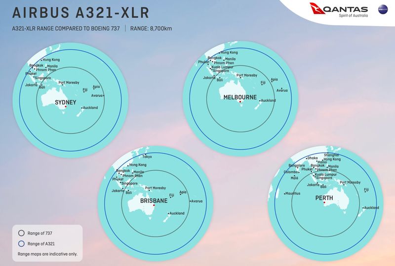 Mapping out the range of the long-legged A321XLR – some of these flights will definitely call for beds in business class.