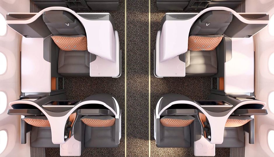 Singapore Airlines' Boeing 737 MAX lie-flat business class alternates paired seats with solo 'thrones'.