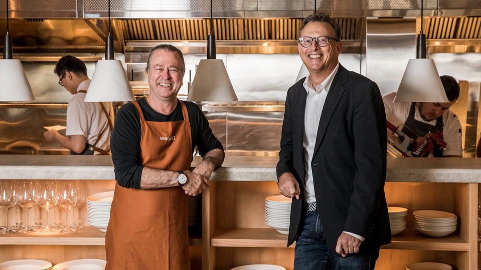 Qantas cooking guru Neil Perry and Nick Hazell, founder and CEO of V2 Food, at Perry's Margaret restaurant.