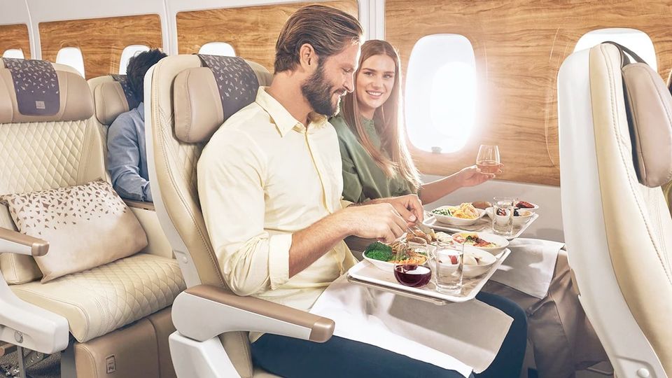 Emirates' premium economy passengers can tuck into 'business class-inspired' meals.