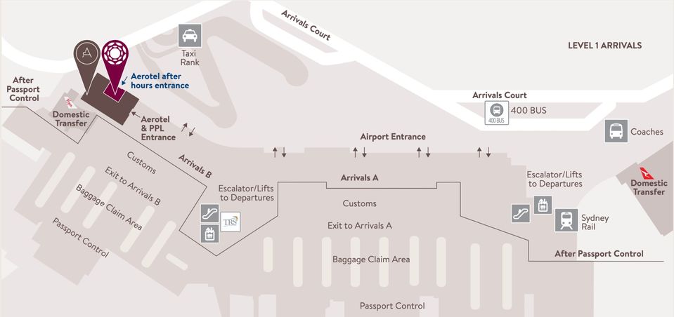 Where to find the Sydney Airport T1 Aerotel and Plaza Premium arrivals lounge.