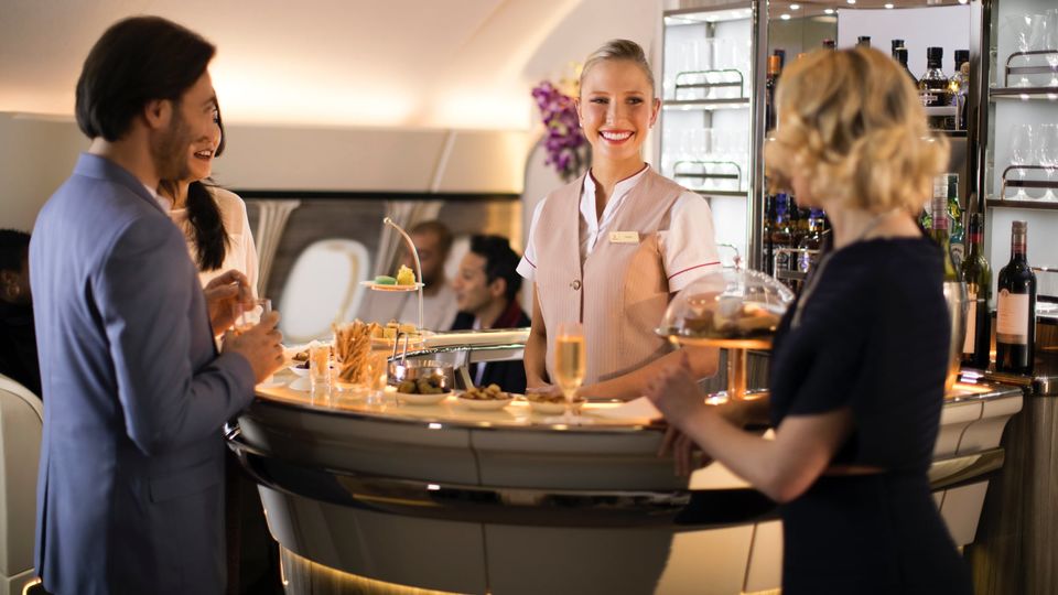 The cocktail bar is an iconic part of the Emirates A380 experience.