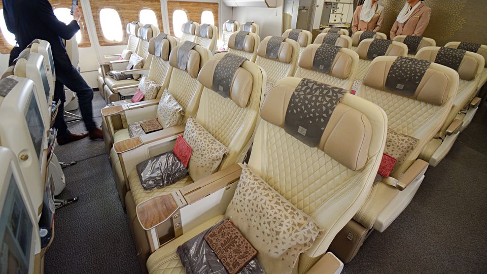 Emirates premium economy cabin has 56 seats in seven rows.