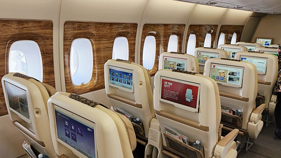 Premium economy is distributed in the cabin in a 2-4-2 configuration.