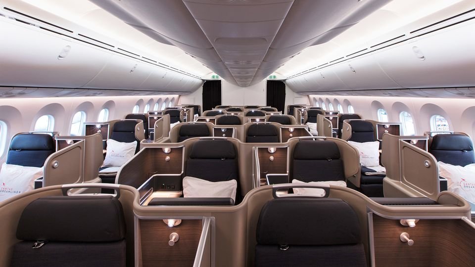 Qantas' Dreamliner welcomes 42 passengers in its premium business class suites.