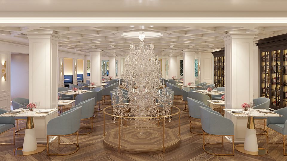 Glittering chandeliers are the stars at Le Bistro, designed by Studio Dado.