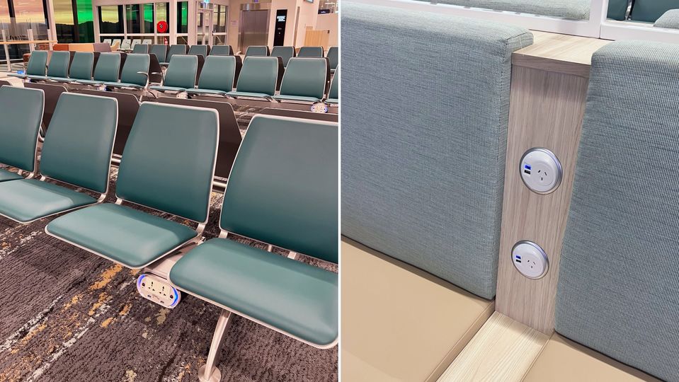 Recharge before takeoff with power outlets conveniently located in the departure lounge.