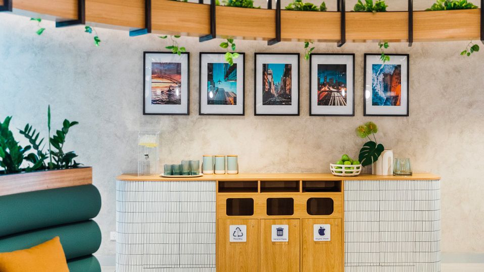 Water dispensers and glassware keep customers hydrated while reducing plastic waste.